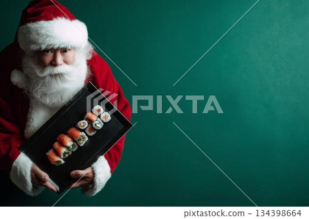 Santa Claus serves sushi on a festive green background during the holiday season with a cheerful expression banner 134398664