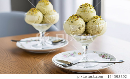 Pistachio gelato served in a glass parfait-like container 134398892