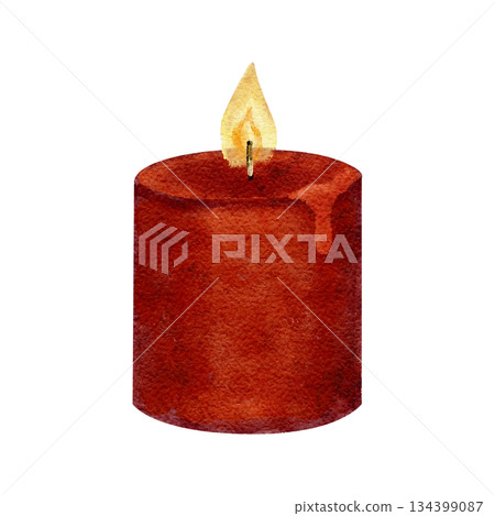 Red candle with soft glowing flame, watercolor isolated on white. Hand-painted cozy winter holiday element in warm tones, perfect for Christmas cards, festive decor, invitations, seasonal design 134399087