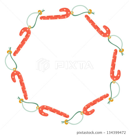 Vector illustration of a circular decorative frame made of hand drawn holiday elements. Festive and cozy wreath design perfect for Christmas and New Year cards, invitations, packaging, stickers. 134399472