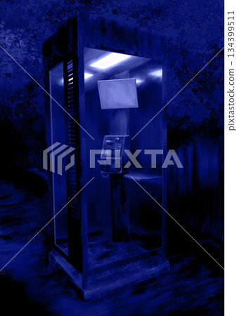 A spooky blue telephone booth in a dimly lit haunted spot 134399511