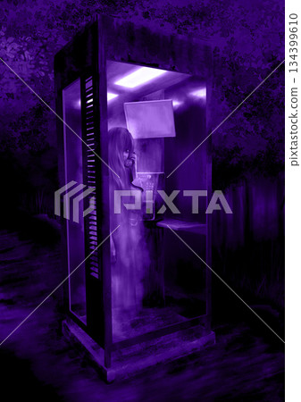 Purple ghost of a girl in a creepy phone booth in a dimly lit haunted spot 134399610