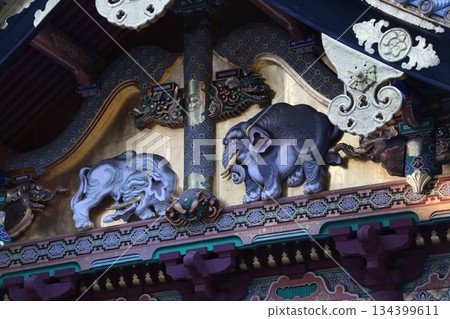 Imaginary elephants decorating the Kamishinko storehouse of Nikko Toshogu Shrine Imaginary elephants decorating the Kamishinko storehouse of Nikko Toshogu Shrine 134399611