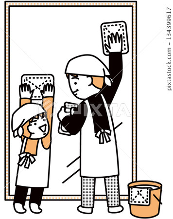 Parents and children cleaning windows Parents and children cleaning windows 134399617