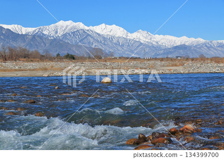 Takase River and the Northern Alps on a clear winter day 134399700