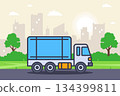 Blue truck on the city background. 134399811