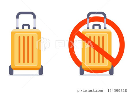 No luggage allowed. Flat image of suitcases on a No Baggage sign. No luggage allowed. Flat image of suitcases on a No Baggage sign. 134399818
