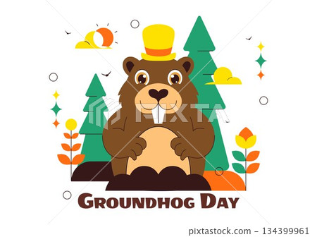 Happy Groundhog Day Vector Illustration on February 2 Featuring a Groundhog Emerging from a Hole with Land and Garden Cartoon Background Happy Groundhog Day Vector Illustration on February 2 Featuring a Groundhog Emerging from a Hole with Land and Garden Cartoon Background 134399961