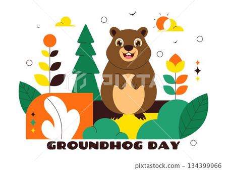 Happy Groundhog Day Vector Illustration on February 2 Featuring a Groundhog Emerging from a Hole with Land and Garden Cartoon Background Happy Groundhog Day Vector Illustration on February 2 Featuring a Groundhog Emerging from a Hole with Land and Garden Cartoon Background 134399966