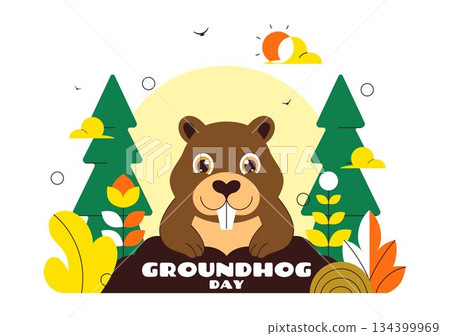 Happy Groundhog Day Vector Illustration on February 2 Featuring a Groundhog Emerging from a Hole with Land and Garden Cartoon Background Happy Groundhog Day Vector Illustration on February 2 Featuring a Groundhog Emerging from a Hole with Land and Garden Cartoon Background 134399969