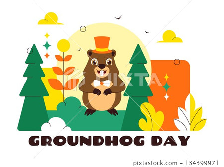 Happy Groundhog Day Vector Illustration on February 2 Featuring a Groundhog Emerging from a Hole with Land and Garden Cartoon Background Happy Groundhog Day Vector Illustration on February 2 Featuring a Groundhog Emerging from a Hole with Land and Garden Cartoon Background 134399971