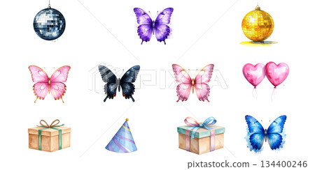 Celebrate your birthday party with cake, candles, balloons and gifts. Fun illustrations. Celebrate your birthday party with cake, candles, balloons and gifts. Fun illustrations. 134400246