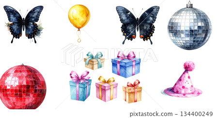 Celebrate your birthday party with cake, candles, balloons and gifts. Fun illustrations. 134400249