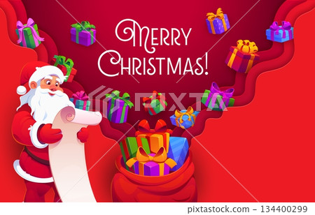 Paper cut Merry Christmas greetings banner with Santa Claus reading a scroll letter. Festive text and red vector sack with gifts on bright background. Holiday season greeting card Paper cut Merry Christmas greetings banner with Santa Claus reading a scroll letter. Festive text and red vector sack with gifts on bright background. Holiday season greeting card 134400299