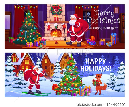 Christmas vector banners with Santa indoors by fireplace with decorated tree, gifts, wreath and stockings, and outdoors skiing through a snowy village toward a festive tree where a fox holds a present Christmas vector banners with Santa indoors by fireplace with decorated tree, gifts, wreath and stockings, and outdoors skiing through a snowy village toward a festive tree where a fox holds a present 134400301