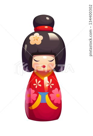 Traditional Japanese kokeshi doll wearing red kimono decorated with flowers and blue obi. Vector toy figure has a bob hairstyle with a top bun, a flower accessory and a calm, closed eye expression 134400302