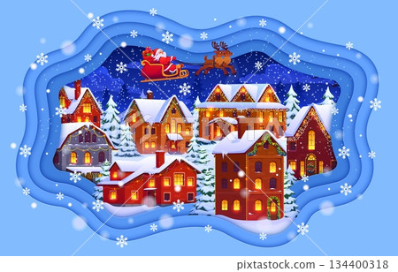 Christmas paper cut greeting card with flying Santa sleigh and snowbound winter town or village landscape. Vector 3d papercut layered frame with funny cartoon Father Noel ride deer sled in holiday sky Christmas paper cut greeting card with flying Santa sleigh and snowbound winter town or village landscape. Vector 3d papercut layered frame with funny cartoon Father Noel ride deer sled in holiday sky 134400318