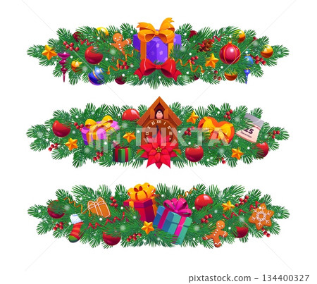 Christmas pine tree branches with decorations. Festive vector evergreen pine branches with Christmas balls, bows, gifts, clock, poinsettia, calendar, stars, mistletoe, stocking and gingerbread cookies 134400327