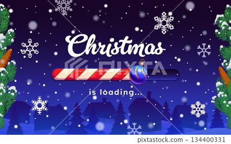 Christmas countdown loading bar with striped candy cane slider. Cartoon vector progress bar with bauble hanging above, winter night landscape with snowflakes, pine branches and festive town silhouette 134400331