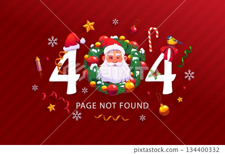 Christmas 404 page screen with Xmas tree wreath and Santa character. Not found web page 404 error vector background with cartoon Santa, snowflakes and ribbons, Christmas tree balls and candy cane 134400332