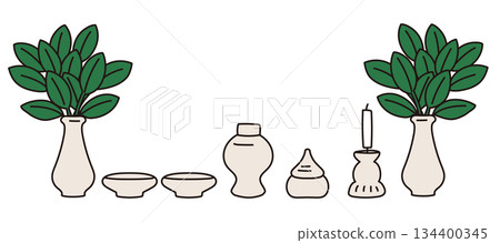 日本神道祭壇用具插圖 | 神道教、日式室內設計、宗教文化向量素材 134400345