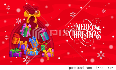 Merry Christmas paper cut greetings card with gifts bag and present boxes. Vector 3d paper cut red sack frame with festive boxes of Xmas gifts at red background with snowflakes and Christmas greetings 134400346