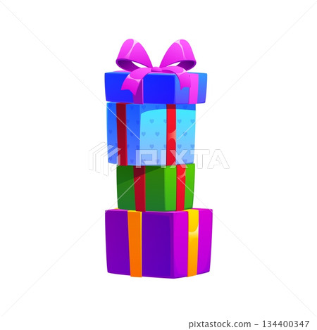 Christmas celebration gift boxes stack cartoon decoration. Merry Christmas festive surprise, New Year celebration present vector decoration. Winter holiday blue, green and purple gift boxes stack 134400347