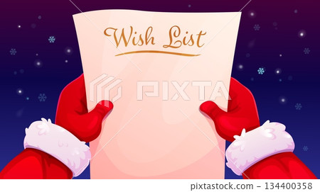 Santa hands with Christmas wishlist. Cartoon vector Xmas holiday father Noel character holding a paper sheet with title Wish list against a snowy night background with falling, snowflakes top view 134400358