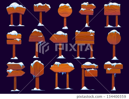 Winter wooden sign boards, rustic Christmas planks with snow and ice, vector Xmas holiday themes. Cartoon wood signboards on poles with wooden arrow, circle and square signages. Winter snowy signs set 134400359