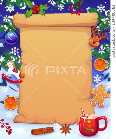 Merry Christmas old scroll with Xmas tree branches and ornaments vector background frame. Cartoon parchment paper scroll with holly, snowflakes, gingerbread man and coffee cup, Christmas greeting card 134400362