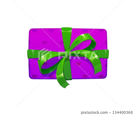 Christmas celebration cartoon purple gift box decoration or object. Happy New Year festive isolated surprise, Xmas holiday colorful vector gift box. Merry Christmas party present giftbox decoration 134400368