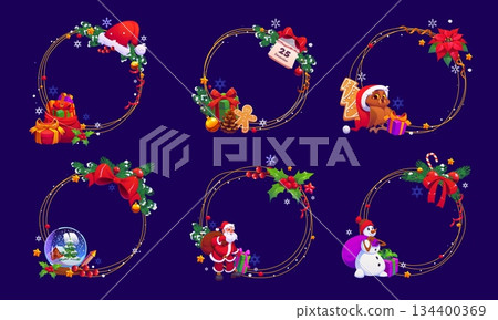 Christmas frames with holiday decorations and characters for winter greetings, cartoon vector. Christmas frames of Xmas wreath poinsettia and holly, snowman and gingerbread cookie man with Santa gifts Christmas frames with holiday decorations and characters for winter greetings, cartoon vector. Christmas frames of Xmas wreath poinsettia and holly, snowman and gingerbread cookie man with Santa gifts 134400369