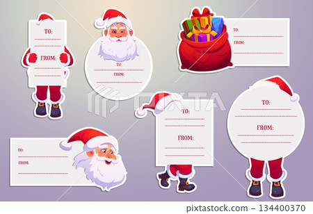 Christmas tags, labels and notes with Santa Claus and gifts for winter holiday, cartoon vector. Christmas tags for greetings and wishes note labels from and to for New Year gifts and Santa presents Christmas tags, labels and notes with Santa Claus and gifts for winter holiday, cartoon vector. Christmas tags for greetings and wishes note labels from and to for New Year gifts and Santa presents 134400370