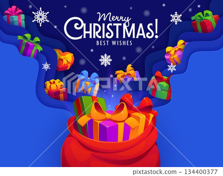 Merry Christmas paper cut banner with magic gifts bag and falling presents. Vector holiday card features blue background with white snowflakes and text Merry Christmas best wishes Merry Christmas paper cut banner with magic gifts bag and falling presents. Vector holiday card features blue background with white snowflakes and text Merry Christmas best wishes 134400377