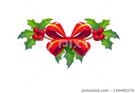 Christmas celebration cartoon holly leaf and berry decoration. Winter holiday, merry Christmas celebration isolated vector plant decoration. Xmas festive holly leaves, red berries and ribbon bow Christmas celebration cartoon holly leaf and berry decoration. Winter holiday, merry Christmas celebration isolated vector plant decoration. Xmas festive holly leaves, red berries and ribbon bow 134400378