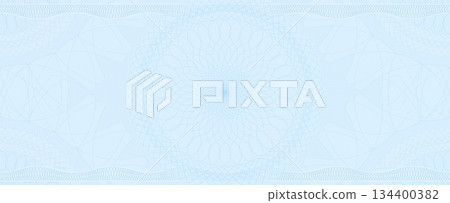 Checkbook cheque voucher and money guilloche pattern security watermark, vector grid texture background. Blue guilloche texture with concentric rosettes and thin curved filigree lines 134400382