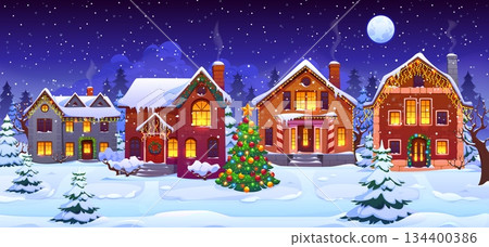 Night winter town landscape with Christmas holiday village houses, cartoon vector background. Winter town houses in snow decorated with Xmas lights on windows and Christmas tree baubles decorations 134400386