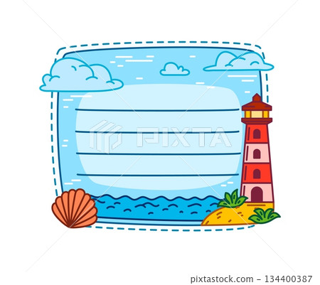 Marine nautical kids memo note of lighthouse at sea beach frame for planner list, vector sticker. Kids memo note with seashell and ocean waves for message post and daily plan page of diary label 134400387