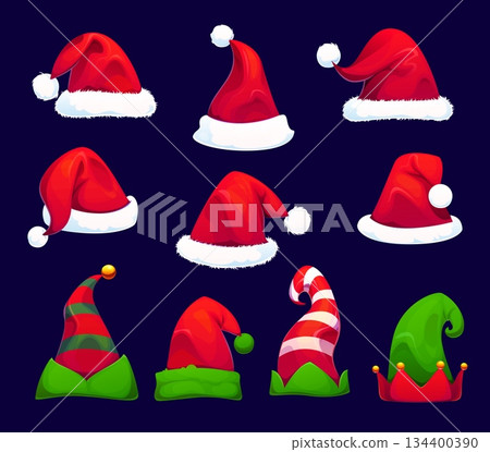 Christmas Santa hats and elf caps, vector Xmas winter holiday decorations. Cartoon Santa Claus and Christmas elf costume accessories set. Red and green hats with white puff balls and gold bells 134400390