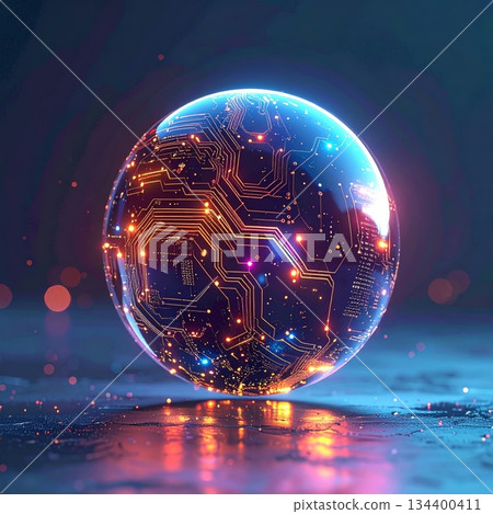 Illustration of a bright blue globe and technology design. Illustration of a bright blue globe and technology design. 134400411