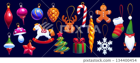 Cartoon Christmas tree decorations and balls. Vector cute Xmas ornaments, baubles, toys and glass globes decorations set. Christmas tree, gift box, reindeer, elf and gingerbread man ornaments 134400454