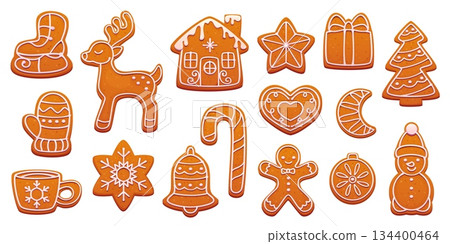 Cartoon Christmas gingerbread cookies, vector Xmas ginger bread cakes. Christmas winter holidays gingerbread man, house, candy cane and gift box, Xmas tree, heart, moon and star cookies with icing Cartoon Christmas gingerbread cookies, vector Xmas ginger bread cakes. Christmas winter holidays gingerbread man, house, candy cane and gift box, Xmas tree, heart, moon and star cookies with icing 134400464