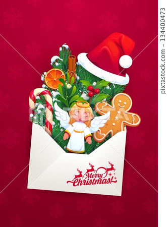 Merry Christmas letter envelope with Xmas holiday gifts, pine twigs and congratulations, vector greeting card. Cartoon open envelope of Christmas letter or Santa mail with gingerbread man, candy cane 134400473
