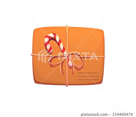 Merry Christmas cartoon gift parcel envelope decoration or sticker. Christmas holiday isolated postal parcel or letter envelope. Winter giftbox vector decoration. Happy New Year celebration surprise 134400474