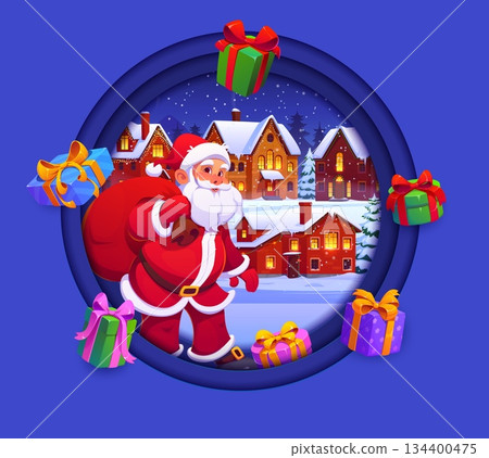 Merry Christmas paper cut banner with funny Santa and holiday gifts in vector 3d round frame. Cartoon Santa Claus character in Xmas town with Christmas gift bag, winter holidays greeting banner Merry Christmas paper cut banner with funny Santa and holiday gifts in vector 3d round frame. Cartoon Santa Claus character in Xmas town with Christmas gift bag, winter holidays greeting banner 134400475
