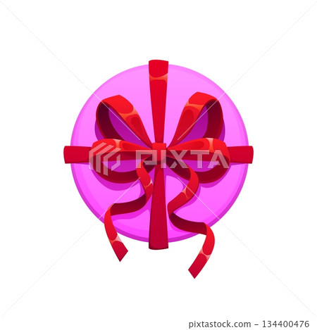 Christmas holiday round pink gift box cartoon decoration. Happy New Year holiday round gift box, Christmas surprise with red ribbon bow decoration, Xmas festive vector present Winter party giftbox 134400476