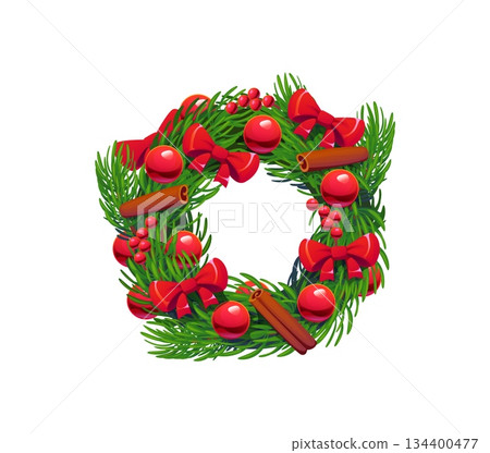 Christmas celebration fir wreath cartoon decoration or object. Merry Christmas, winter holiday isolated vector wreath door decoration with fir twig, red bauble toys, cinnamon stick and red ribbon bows Christmas celebration fir wreath cartoon decoration or object. Merry Christmas, winter holiday isolated vector wreath door decoration with fir twig, red bauble toys, cinnamon stick and red ribbon bows 134400477