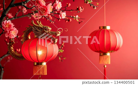 Festive red Chinese New Year lantern decoration illustration and New Year celebration design. Festive red Chinese New Year lantern decoration illustration and New Year celebration design. 134400501