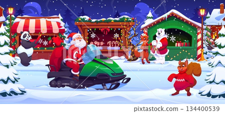 Christmas winter festival market with shops and stalls, Xmas bazaar vector background. Cartoon funny Santa Claus character riding snowmobile at Christmas town fair or market with Xmas gift shops 134400539