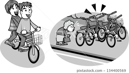 Bicycles <Traffic rules, riding two people on a bicycle, nuisance parking and abandoned bicycles, monochrome, solid color, black and white> 134400569